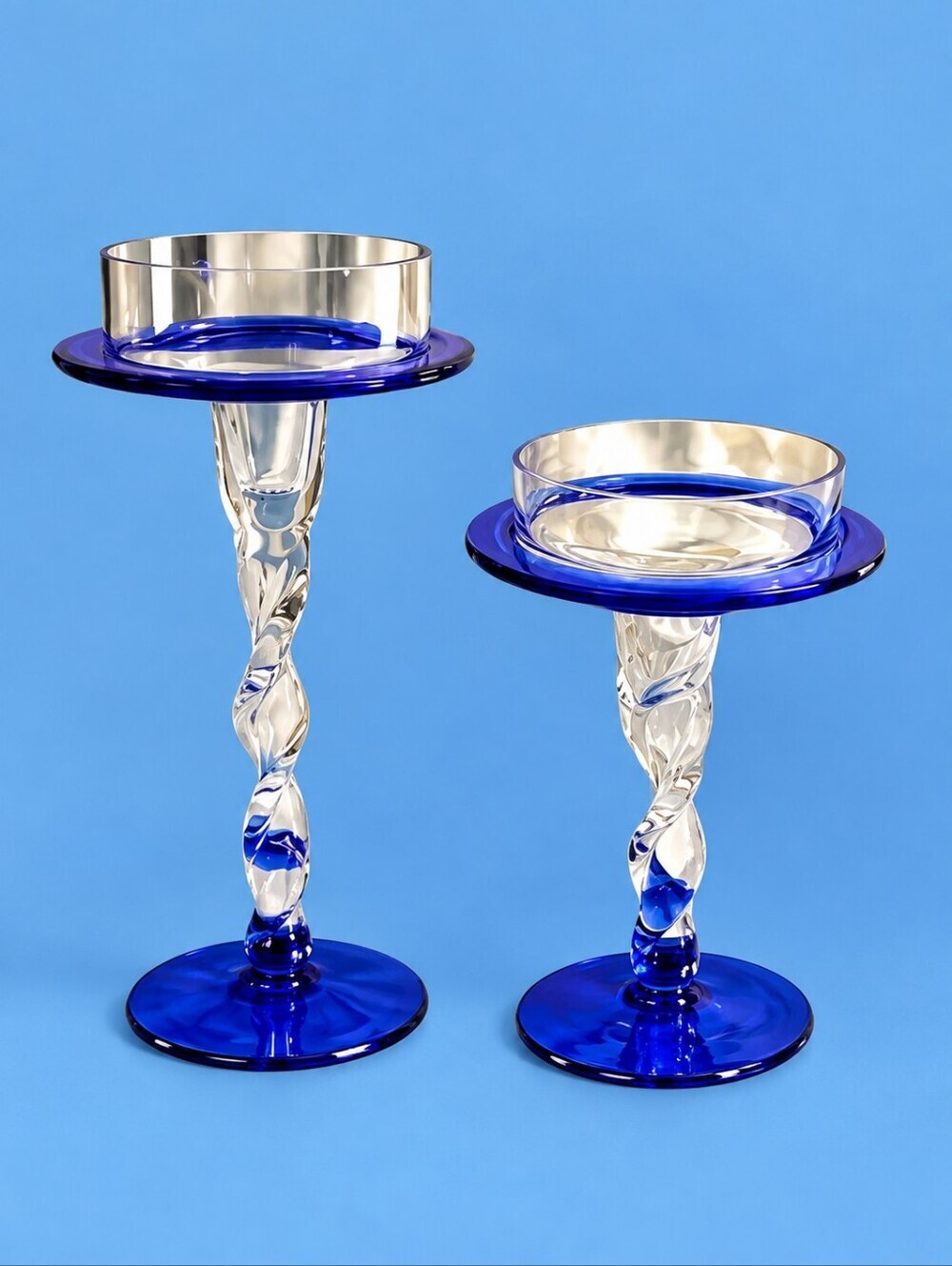 COBALT Blue Swirled Long Stem Pedestal Art Glass Candle Holders